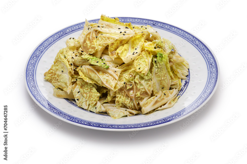 Chinese cabbage salad with sesame dressing (Qian Long Bai Cai ), Beijing food isolated on a white background