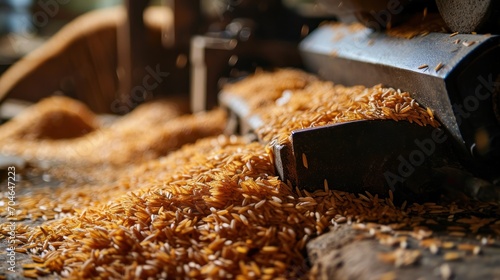  a pile of brown rice sitting on top of a pile of wood shaving next to a metal grinder. photo