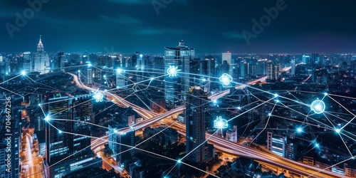 City of Connectivity: A Brightly Lit Urban Landscape at Night, Adorned with Overlaid IoT Symbols, Illuminating the Fusion of Technology and City Life in the Modern World