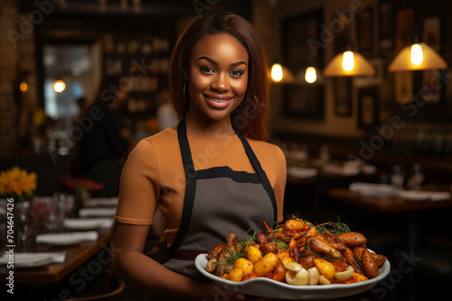 Young smiling African-American waitress with platter of food greeting guests
