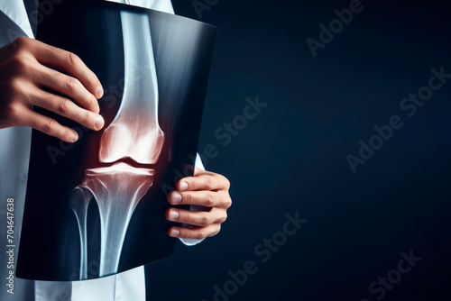 doctor hold knee joint film x ray on solid dark background close up. ai generative