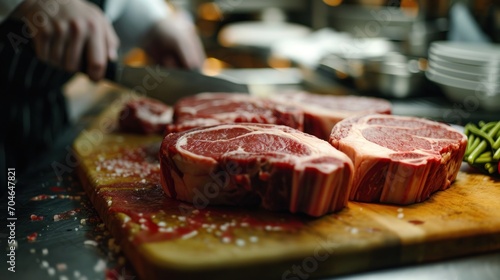  a close up of a cutting board with raw meat on it and a person in the background preparing a meal.