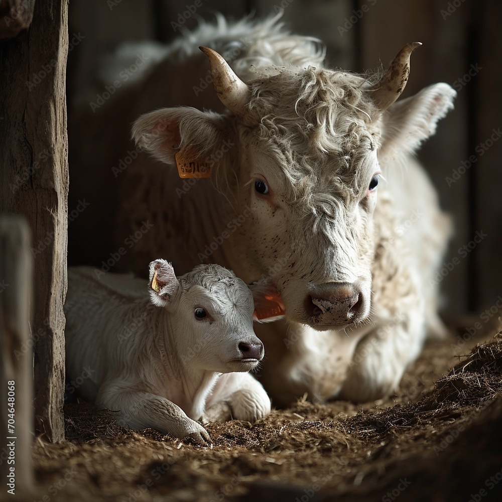 Mother cow and calf lie together in the stable, ai generated Mother cow and calf lie together in the stable, ai generated