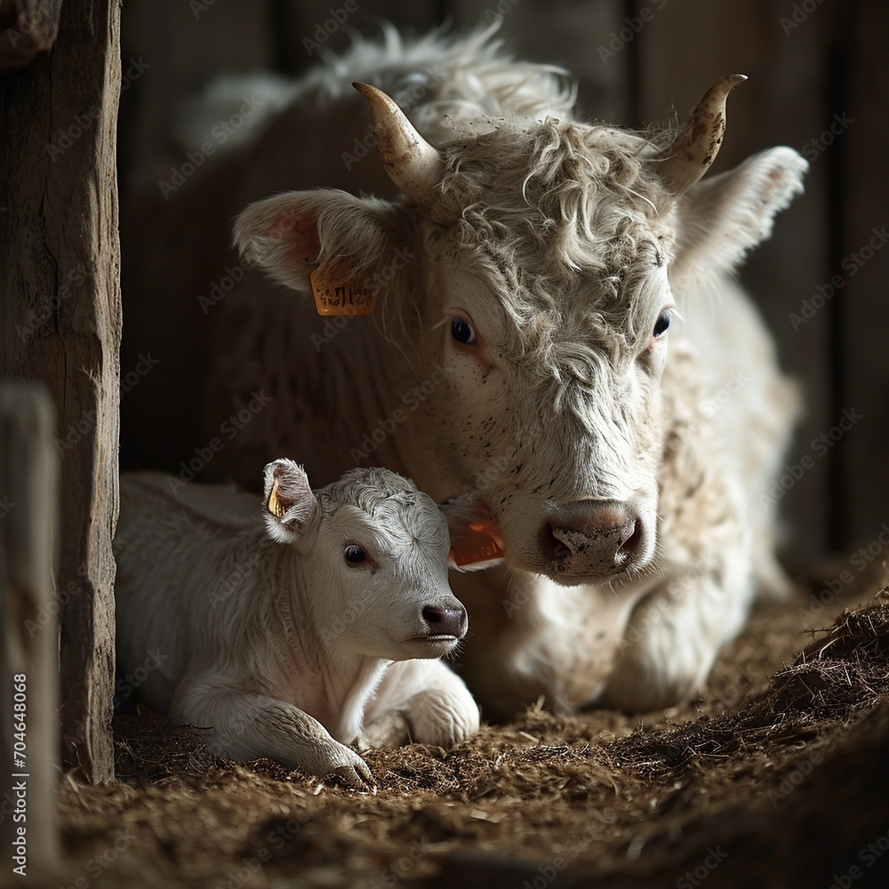 Mother cow and calf lie together in the stable, ai generated