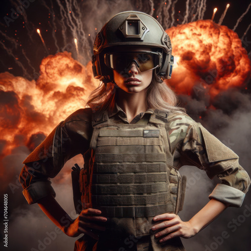 Strong army woman wearing bulletproof vest, helmet and goggles. Fire and explosions at backdrop. ai generative photo