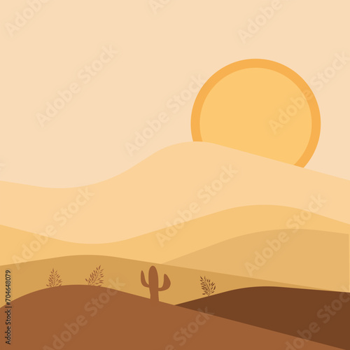 Illustration of sunset between sand dunes  cactus and desert plants