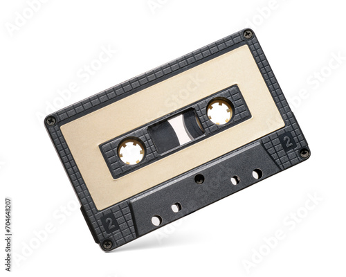 Black audio cassette tape isolated. Transparent PNG image.