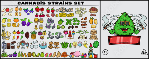 Weed Bud With Smoking Mascot Cartoon and Cannabis Strains Set.