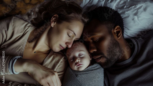 Young Interracial Family in Quiet Slumber Bonding Moment