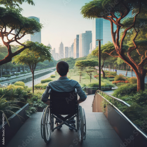 photo of a wheelchair user enjoying nature on a city walk back view. ai generative photo