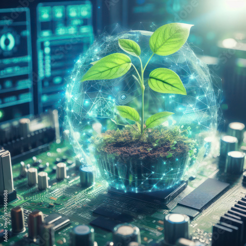 photo plant with computer board, Green technology concept. ai generative