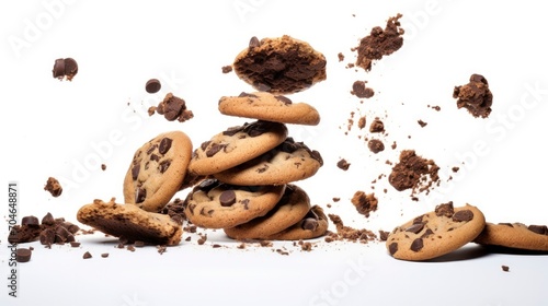 Falling broken chocolate chip cookies isolated on white background