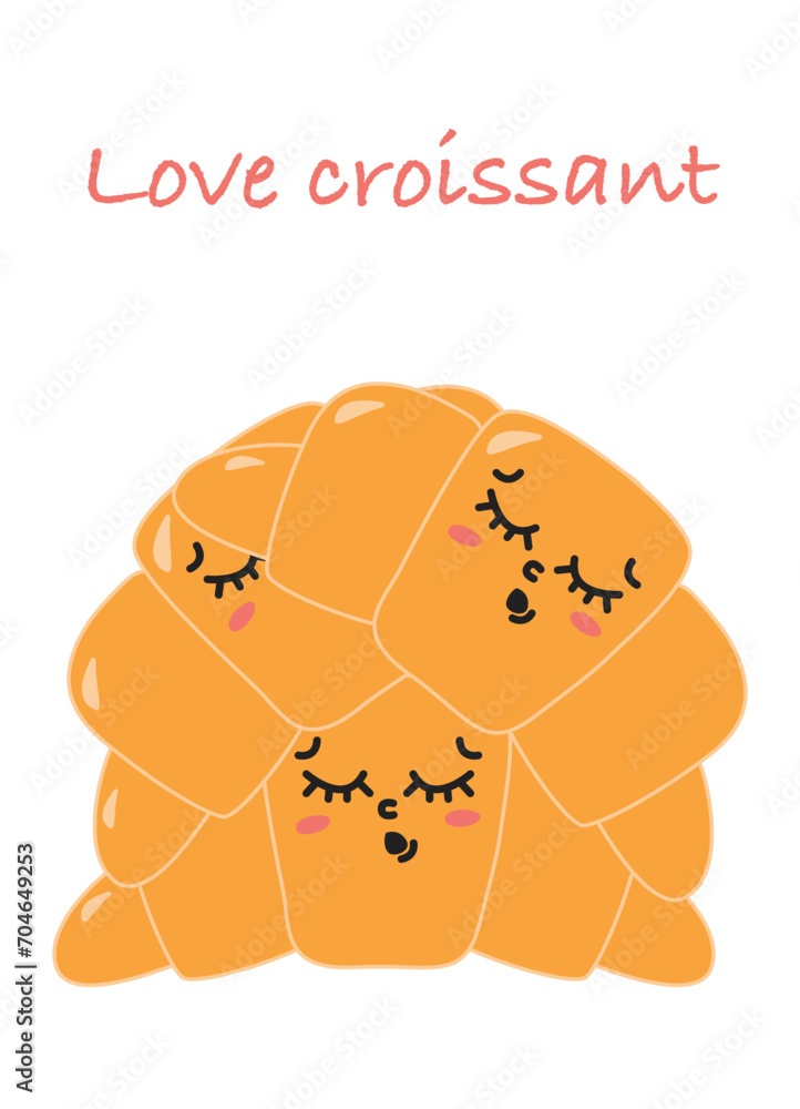 Three cute croissants. Love croissants banner Three cute croissants. Love croissants banner