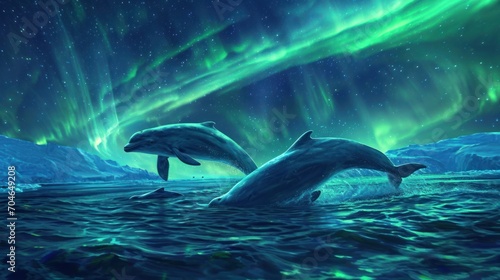  two dolphins jumping out of the water in front of a green and blue sky with the aurora lights in the background.