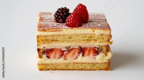 Fraisier cake is a French strawberry cake made from layers of genoise, mousseline cream and strawberries closeup on the plate on the table photo