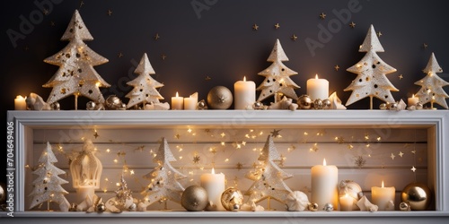 Festive Christmas decor with trees, candles, stars, and elegant accessories on a living room shelf. Merry Christmas and Happy Holidays!