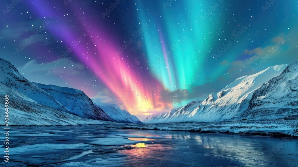  a painting of a colorful aurora bore in the night sky over a mountain lake with ice and snow on the ground.