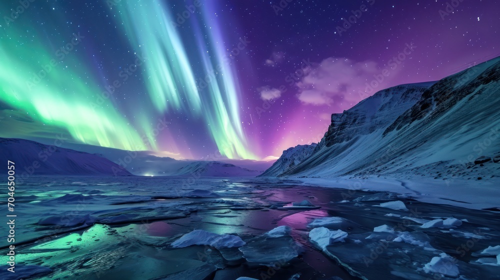  a purple and green aurora bore in the sky above a body of water with ice in the foreground and mountains in the background. - obrazy, fototapety, plakaty 
