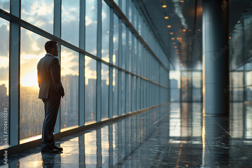 Fototapeta premium A young man in a business suit stands in an empty office