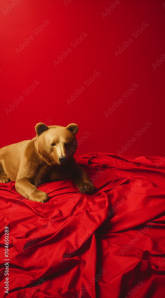 Bear on a red bedsheet.Minimal creative nature concept.Copy space,top view,flat lay.Generative AI Bear on a red bedsheet.Minimal creative nature concept.Copy space,top view,flat lay.Generative AI