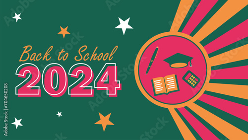 back to school concept for the year 2024 web banner design with geometric shapes , icons and vibrant colors. back to school minimal simple clean background.