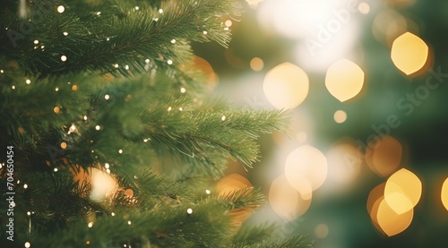 A close-up of a decorated Christmas tree with blurred lights in the background