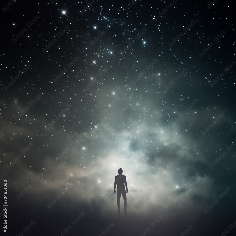 silhouette of a person in a night sky.Minimal nature concept.Copy space.Generative AI