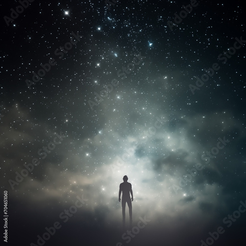 silhouette of a person in a night sky.Minimal nature concept.Copy space.Generative AI © sunaiart