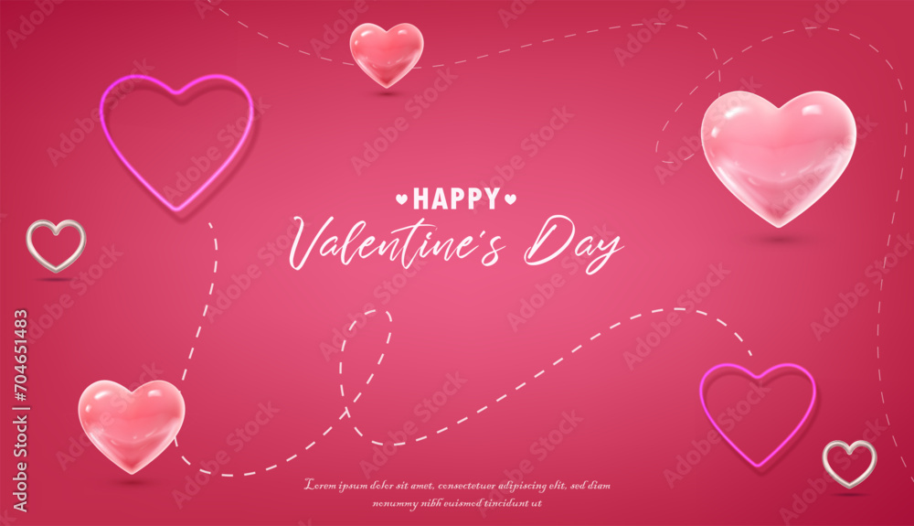 3d realistic vector illustration. Pink background with hearts. Happy Valentine’s Day banner.