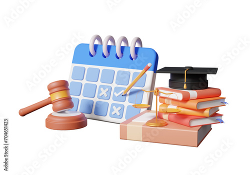 calendar law learning education legislation attorney decisions concept. book judgement hammer scales isolated background. advisor, court, gavel, judge arbitrate courthouse. 3d render photo