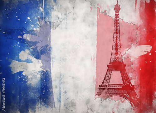 Ressource graphique, triple exposition Tour Eiffel symbole de la France et de Paris, le drapeau français bleu blanc rouge vintage et grunge et la carte de la France en forme d'hexagone.  JO PARIS 2024