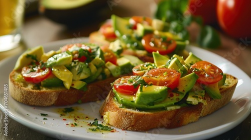  a white plate topped with slices of bread covered in avocado and tomato slices and garnishes.