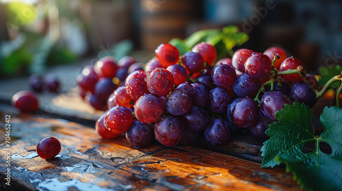 Fresh Pinot Noir Grapes on Wooden Surface photo