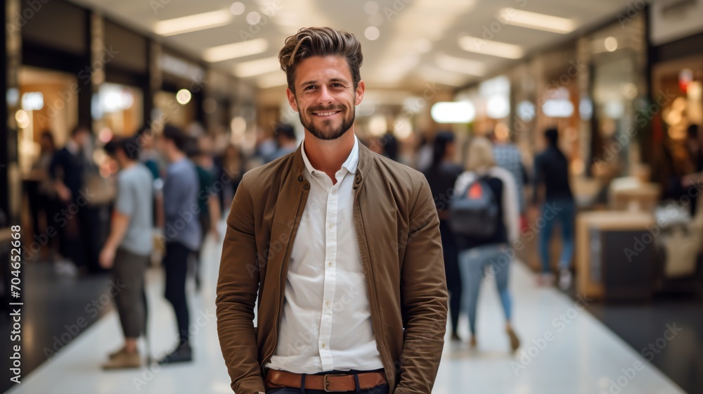 Bearded man in brown jacket smiling in a busy shopping mall - obrazy, fototapety, plakaty 