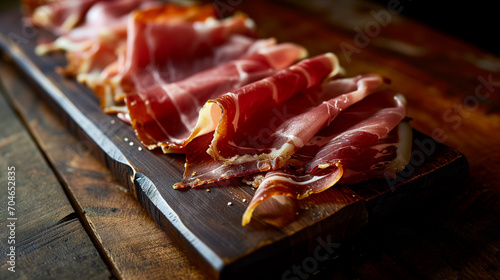Serrano Ham Slices on Dark Wooden Board