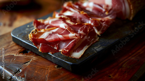 Serrano Ham Slices on Dark Wooden Board