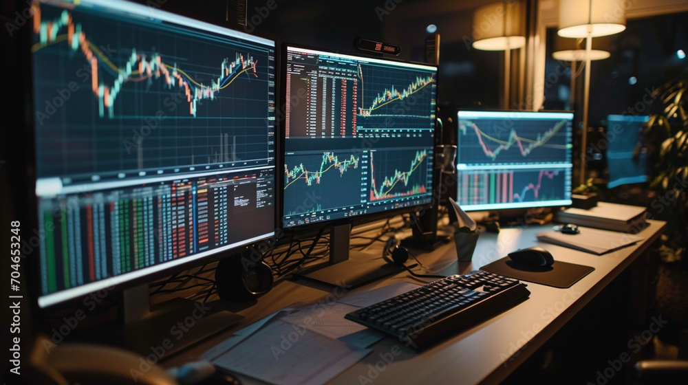 several computer screens showing investment charts several computer screens showing investment charts