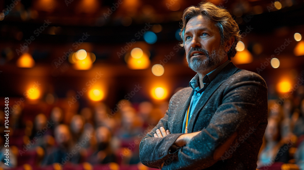 portrait of a man with arms crossed giving a lecture portrait of a man with arms crossed giving a lecture