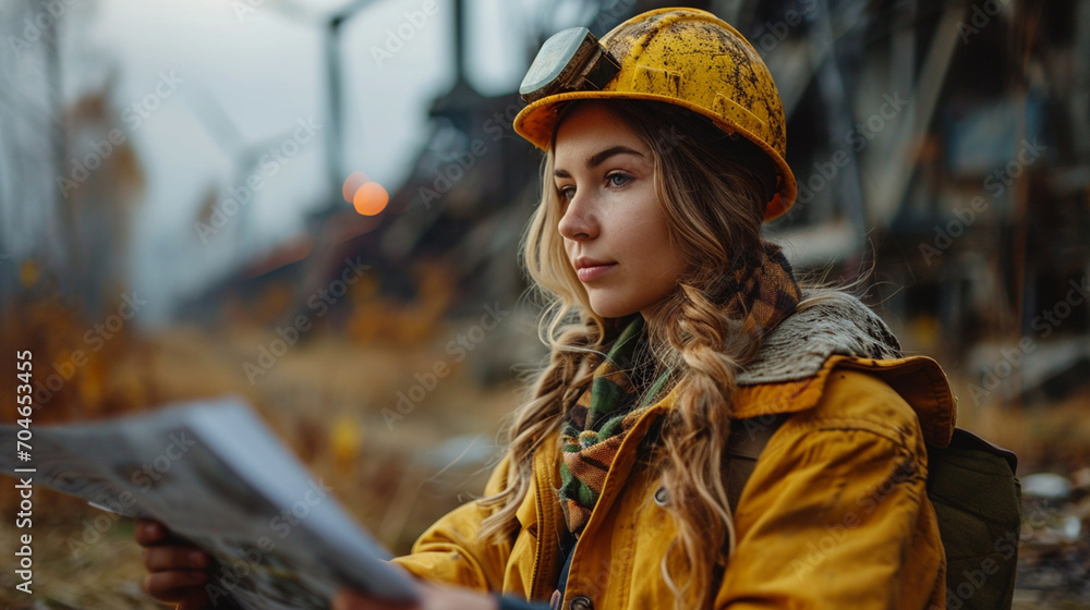 a woman with a construction helmet looking at a blueprint a woman with a construction helmet looking at a blueprint