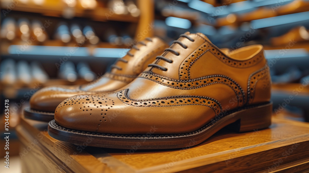 a pair of elegant brown business shoes displayed in a shoe store a pair of elegant brown business shoes displayed in a shoe store