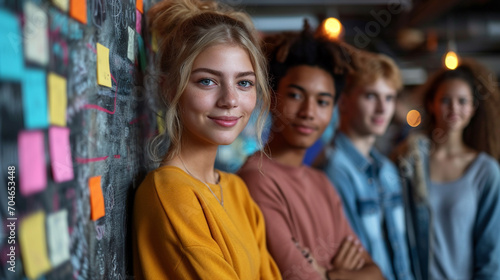 group of young entrepreneurs leaning on a blackboard with colored post-it notes