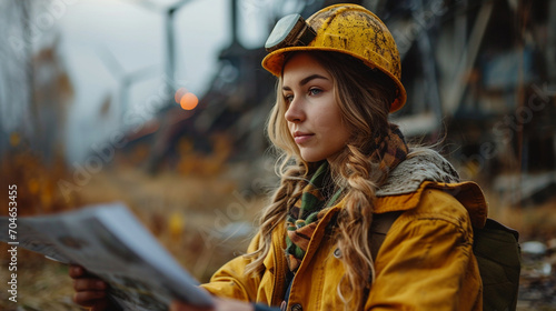 a woman with a construction helmet looking at a blueprint