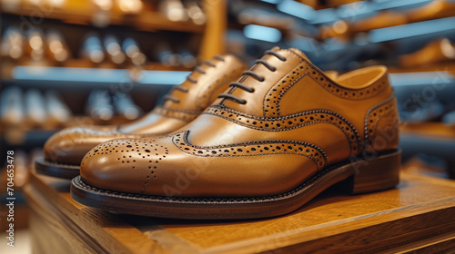 a pair of elegant brown business shoes displayed in a shoe store © alexandra_pp