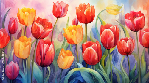 Beautiful red and yellow tulips as wallpaper background illustration in watercolor style