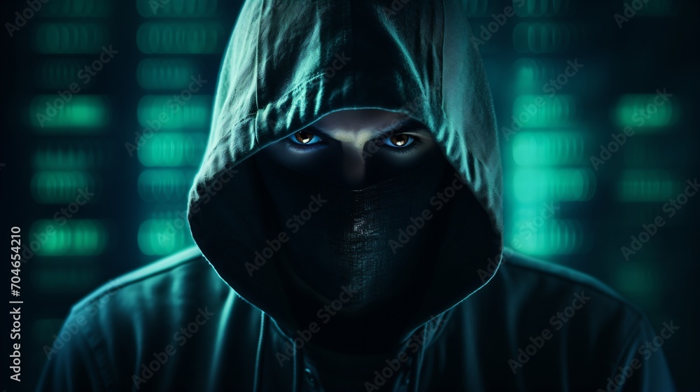A person wearing a black hoodie and a mask with glowing eyes A person wearing a black hoodie and a mask with glowing eyes