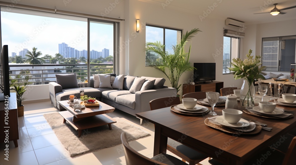 Modern open concept living and dining room with city view