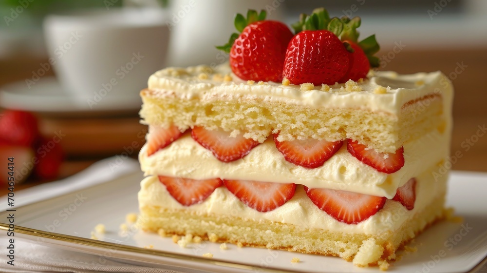 Fraisier cake is a French strawberry cake made from layers of genoise, mousseline cream and strawberries closeup on the plate on the table