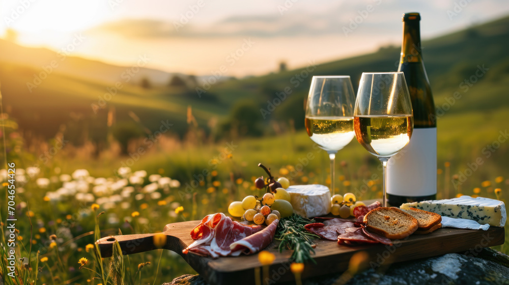 Picnic with white wine served outside with cheese and charcuterie, sunset light - obrazy, fototapety, plakaty 