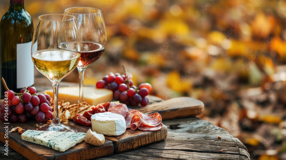Wine and snacks served outside, vineyard scenery, sunset, fall