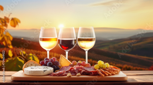Glasses of red and white wine served with cheese and meats, sunset light, beautiful valley in winemaking region